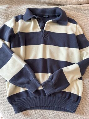 Brandy Melville Navy and Cream Striped Rugby Sweater